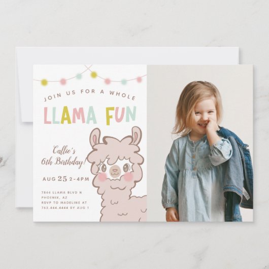 ラマ全体おもしろい子供の誕生日パーティー写真 招待状 (正面)