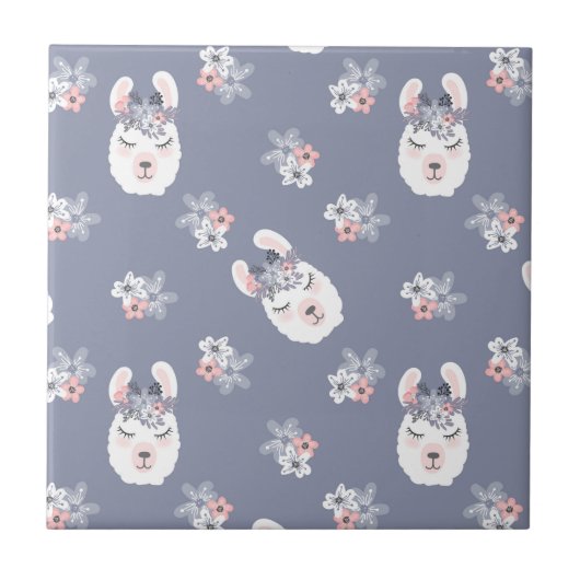 ラマ及び花模様 タイル (正面)