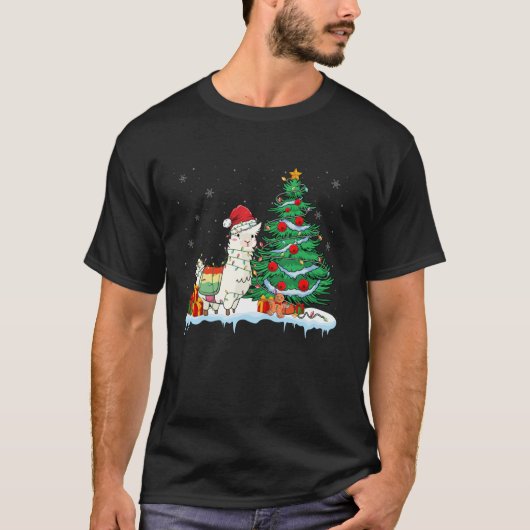 ラマ恋人クリスマスラマ着てサンタハットクリスマス Tシャツ (正面)