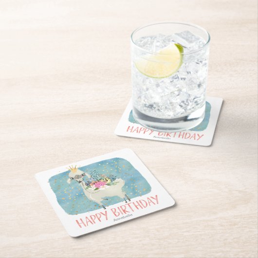 ラマ愛の水色かわいいおもしろい誕生日パーティー スクエアペーパーコースター (インサイチュ)