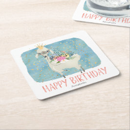 ラマ愛の水色かわいいおもしろい誕生日パーティー スクエアペーパーコースター