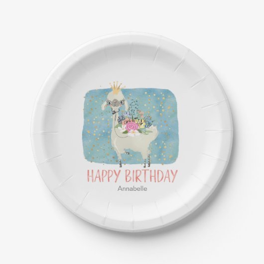 ラマ愛の水色かわいいおもしろい誕生日パーティー ペーパープレート (正面)