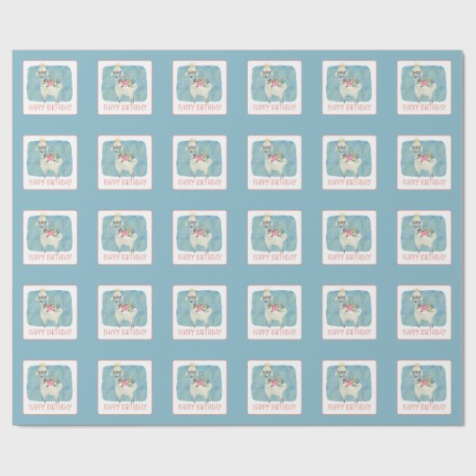 ラマ愛の水色かわいいおもしろい誕生日パーティー ラッピングペーパー (フラット)