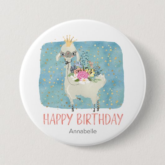 ラマ愛の水色かわいいおもしろい誕生日パーティー 缶バッジ (正面)