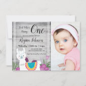 ラマ木製一枚フォト1歳の誕生日ガーリーフローラ 招待状 (正面)