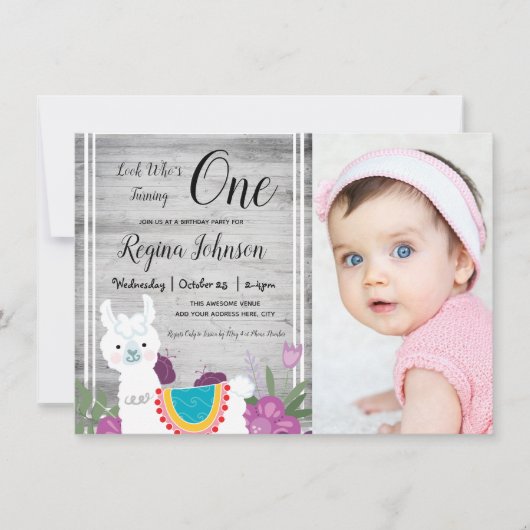 ラマ木製一枚フォト1歳の誕生日ガーリーフローラ 招待状 (正面)