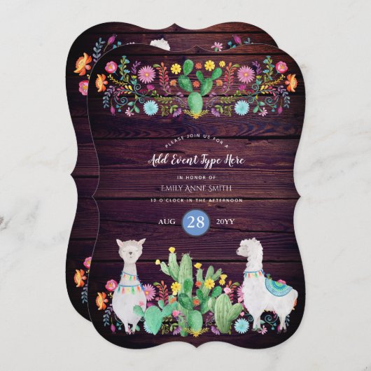 ラマ素朴ウォーター色フォーク花ANYイベント 招待状 (正面/裏面)