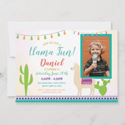 ラマ誕生日フォトカクタスパーティーフィエスタ招待状 招待状 (正面)