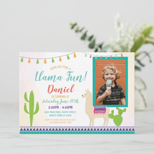 ラマ誕生日フォトカクタスパーティーフィエスタ招待状 招待状 (スタンド正面)