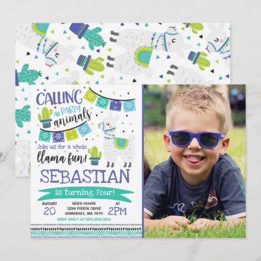 ラマ誕生日招待状ホールラマおもしろいパーティー 招待状 (正面/裏面)