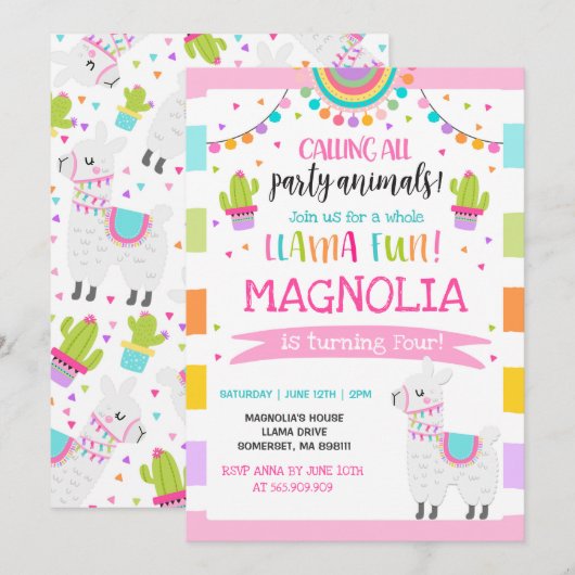 ラマ誕生日招待状ホールラマおもしろいパーティー 招待状 (正面/裏面)