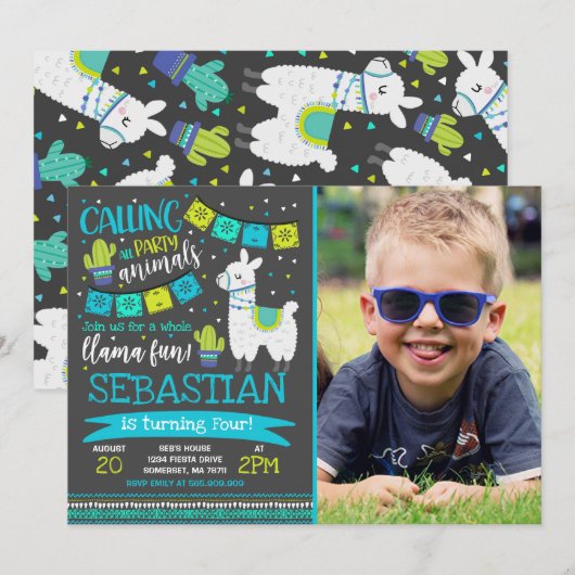 ラマ誕生日招待状ホールラマおもしろいパーティー 招待状 (正面/裏面)