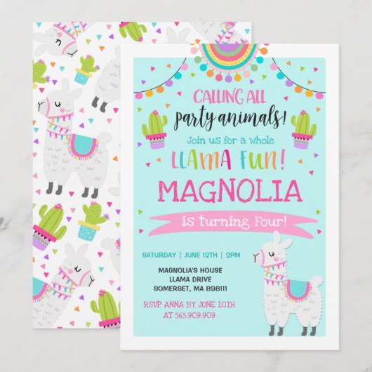 ラマ誕生日招待状ホールラマおもしろいパーティー 招待状 (正面/裏面)