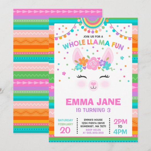 ラマ誕生日招待状ホールラマおもしろいパーティー 招待状 (正面/裏面)