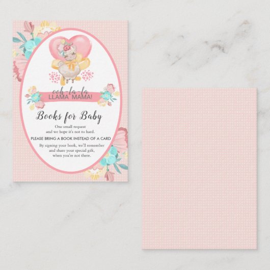 ラマ赤ちゃんシャワーピンクのフローラが本を持ってくる エンクロージャーカード (正面/裏面)