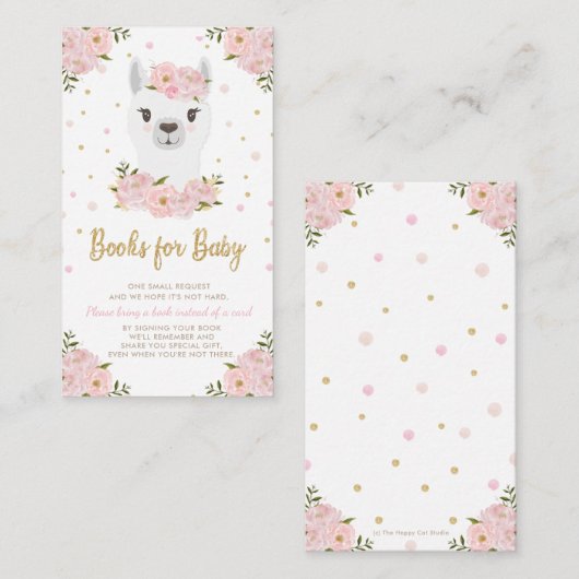 ラマ赤ちゃんシャワー赤面ピンクのフローラが本を持ってくる エンクロージャーカード (正面/裏面)