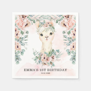 ラマ赤面ピンクフローラグリーナリー誕生日 スタンダードカクテルナプキン