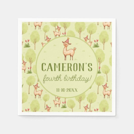 ラマ野外キッズ誕生祝い スタンダードカクテルナプキン (正面)