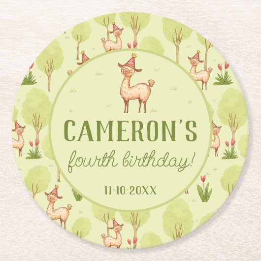 ラマ野外キッズ誕生祝い ラウンドペーパーコースター (正面)
