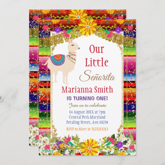 ラマ金ゴールドメカラフルキシカンフィエスタ誕生日 招待状 (正面/裏面)