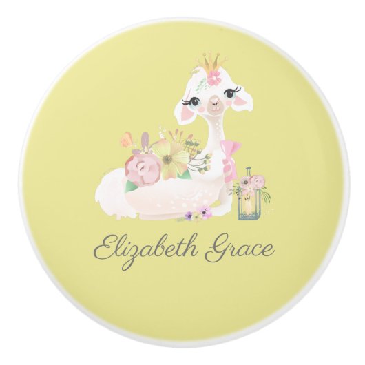 ラマ黄色と白と花ベビー セラミックノブ (正面)