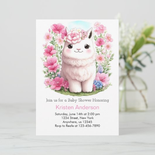 ラマ・アドベンチャーがピンクの女の子ベビーシャワーを待つ 招待状 (スタンド正面)