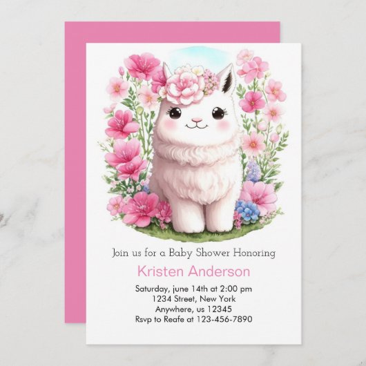 ラマ・アドベンチャーがピンクの女の子ベビーシャワーを待つ 招待状 (正面/裏面)