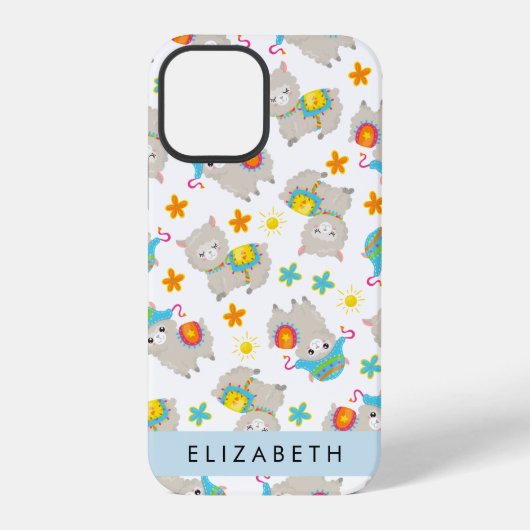 ラマ・アルパカと花の模様+お名前入り iPhoneケース (裏面)