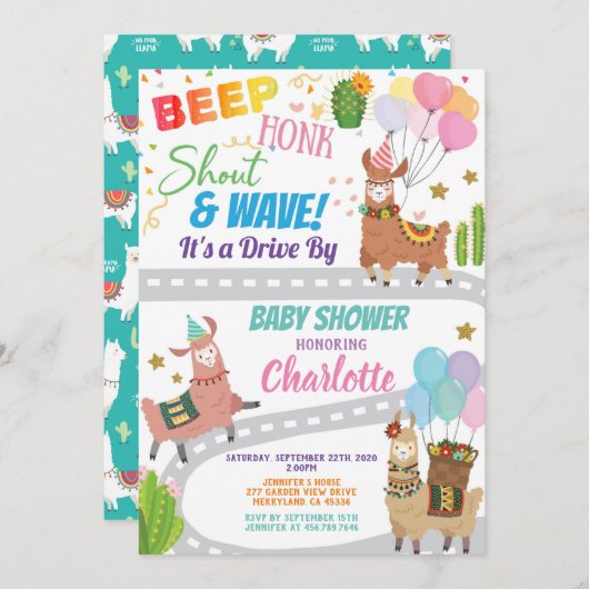 ラマ アルパカ ドライブスルー ベイビーシャワー 招待状 (正面/裏面)