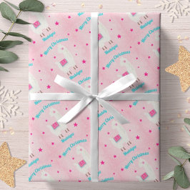 ラマ クリスマス ピンク スノー スター パーソナライズ ラッピングペーパー