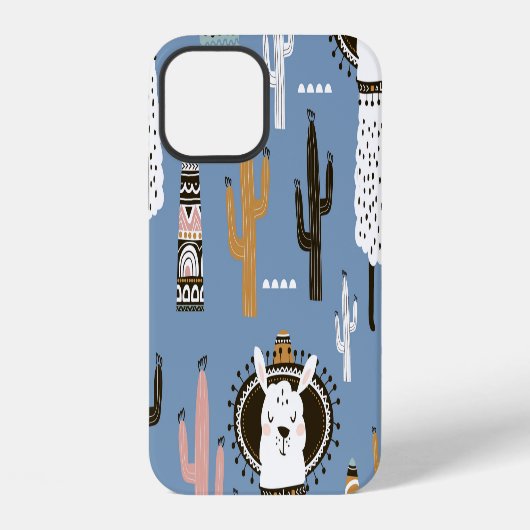 ラマ、サボテン、手描き要素のパターン iPhoneケース (裏面)