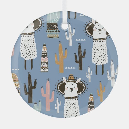 ラマ、サボテン、手描き要素パターン。 ガラスオーナメント (正面)