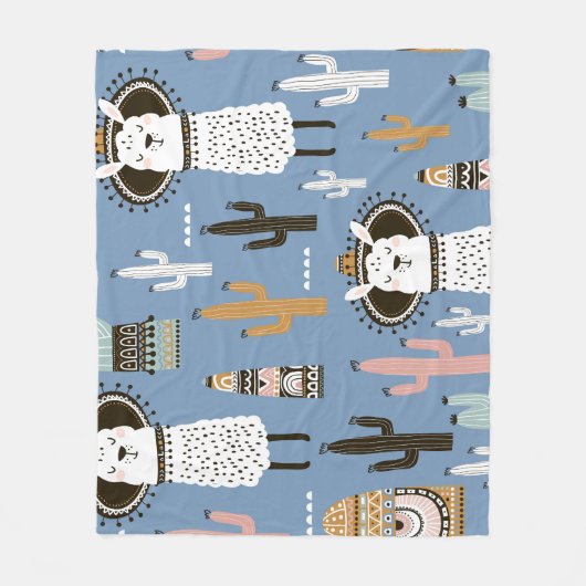 ラマ、サボテン、手描き要素パターン。 フリースブランケット (正面)