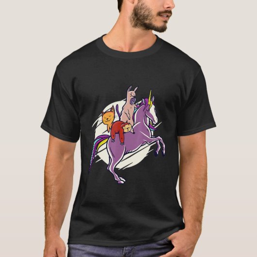 ラマ・スロスとネコがユニコーンの友達に乗る Tシャツ (正面)