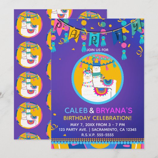 ラマ パープル ブルー イエロー カラフル バースデー パーティー 招待状 (正面/裏面)