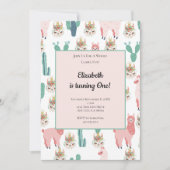 ラマ ピンクとグリーン サボテン かわいい子供の誕生日 招待状 (正面)