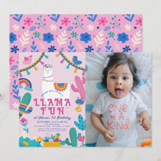 ラマ ファン アルパカ ガール ピンク 1歳 誕生日 写真 招待状 (正面/裏面)