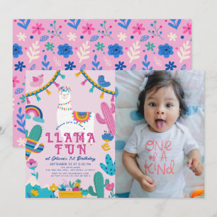 ラマ ファン アルパカ ガール ピンク 1歳 誕生日 写真 招待状