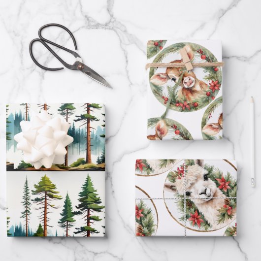 ラマ，ベビー鹿と松の木，休日，クリスマス， ラッピングペーパーシート (正面)