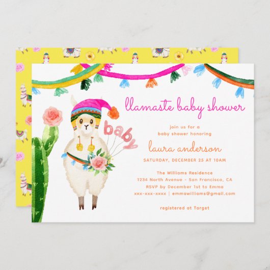 ラマ・メキシコカラフルンおもしろい赤ちゃんシャワー 招待状 (正面/裏面)