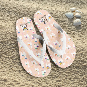 ラマ・ラマ可愛いラマ柄オンピンク ビーチサンダル