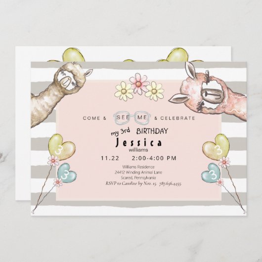 ラマ・ラマ・ガールの誕生日パーティーへの招待 招待状 (正面/裏面)