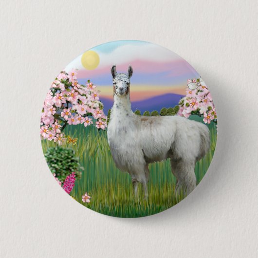 ラマ&春の花 缶バッジ (正面)