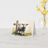 ラムと木製クロスイースター カード (黄色い花)