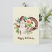 ラムの頭蓋骨と多肉植物 オーダーメイドの誕生日カード (スタンド正面)