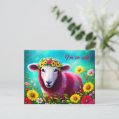 ラムアニマルかわいい明るい花ピンクカラフル色 ポストカード (スタンド正面)