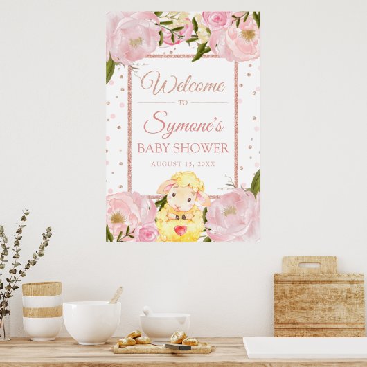 ラムバラ金ゴールドとピンク牡丹ベビーシャワーウェルカム ポスター (キッチン)