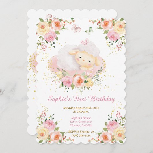 ラムパーソナライズされたガール1歳の誕生日 招待状 (正面/裏面)