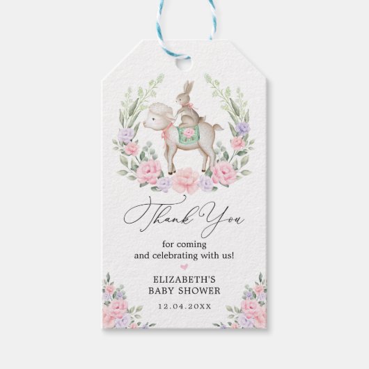 ラム&バニーラビットピンクパープルフローラベビーシャワー ギフトタグ (正面)
