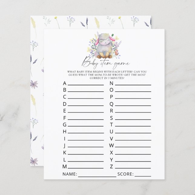 ラム – ベビーアイテムゲーム。赤ちゃんシャワーゲーム (正面/裏面)